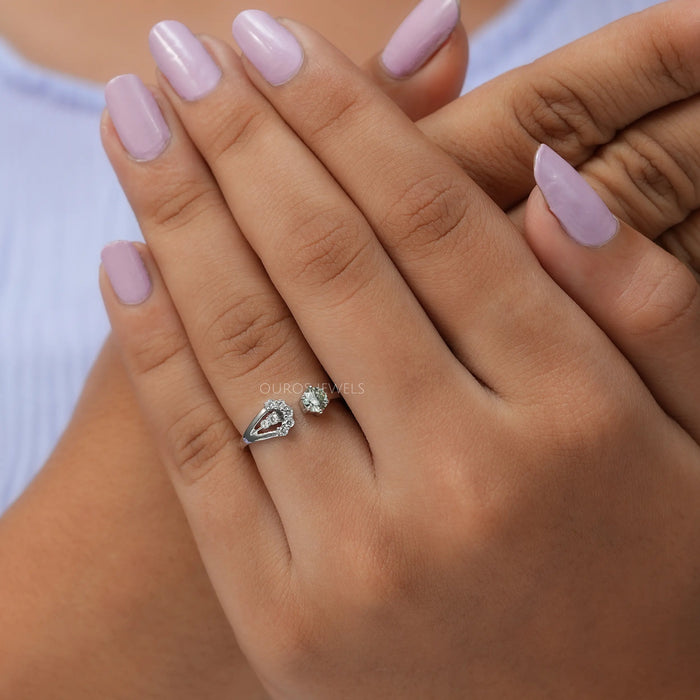 In finger front look of round open lab diamond engagement ring