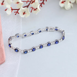 [Natural Blue Sapphire Cushion Cut Bracelet]-[Ouros Jewels]