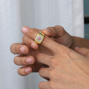 [A Men Wearing Pink Round Diamond Halo Ring]-[Ouros Jewels]