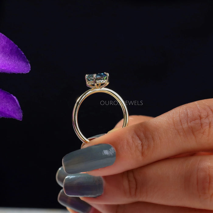 [Blue Colored Diamond Hidden Halo Engagement Ring In 18k Yellow Gold]-[Ouros Jewels]