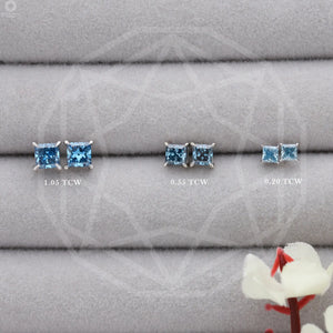 Blaue Ohrstecker mit Schraubverschluss im Princess-Stil und Diamanten