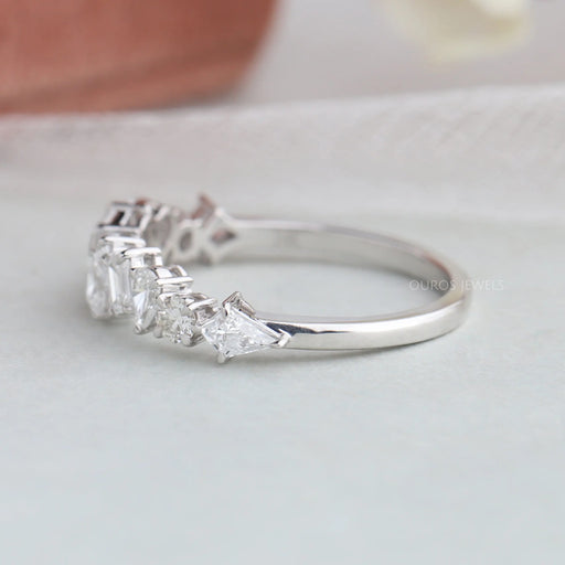 side view of multi shaped lab created diamond wedding band white gold