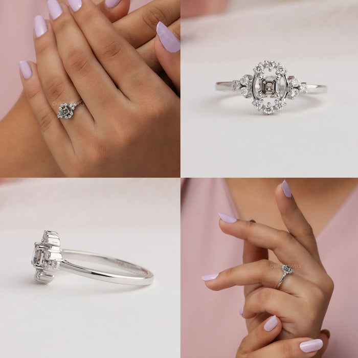 Collage of Asscher cut eco-friendly diamond engagement ring