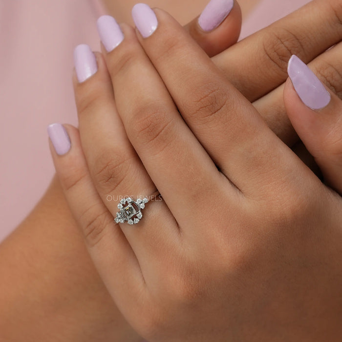 Fancy colored asscher and round cluster diamond engagement ring