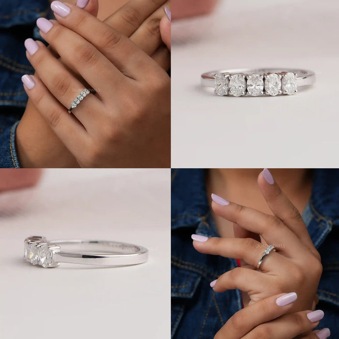 Collage of oval shaped lab diamond five stone wedding ring