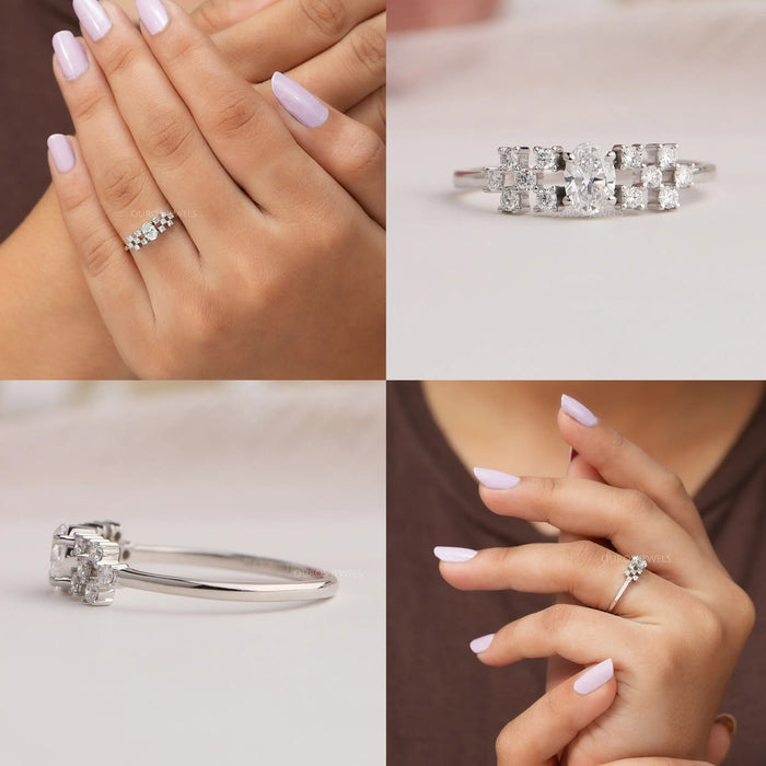 Collage of oval cut cluster diamond ring, showing front, side, cross & in finger view.