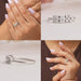 Collage of oval cut cluster diamond ring, showing front, side, cross & in finger view.