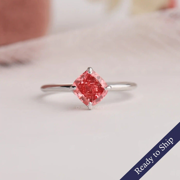 [Pink Cushion Cut Lab Diamond Solitaire Engagement Ring]-[Ouros Jewels]