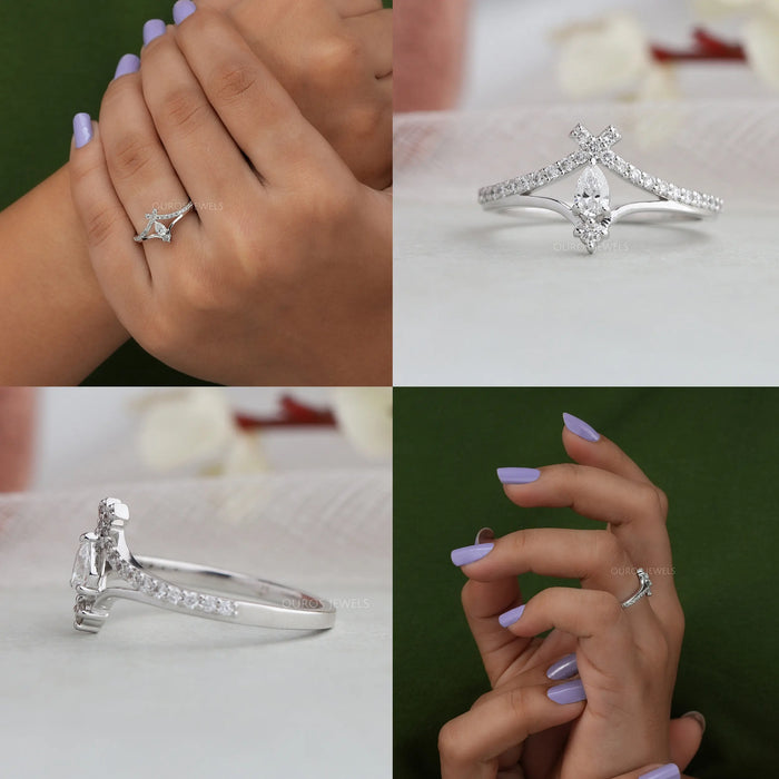The pear diamond curved style ring serves as an exquisite symbol of love and commitment that will undoubtedly capture hearts with its brilliance and charm.