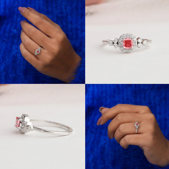 Collage of pink cushion cut diamond halo engagement ring