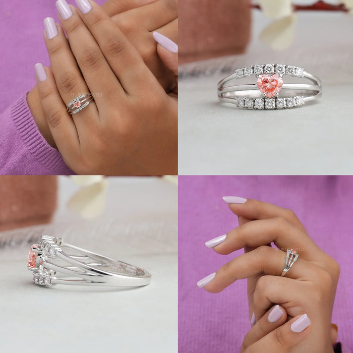 Collage of pink heart shaped three row split shank diamond engagement ring showing front, side and in finger look