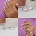 Collage of pink heart shaped three row split shank diamond engagement ring showing front, side and in finger look