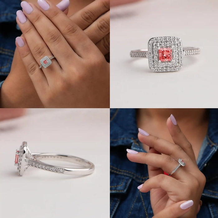 Collage of pink princess engagement ring with shining halo of round diamonds