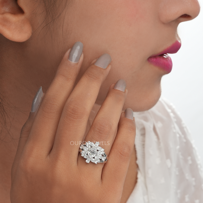 [View On Hand Of Oval Cut Cluster Ring]-[Ouros Jewels]