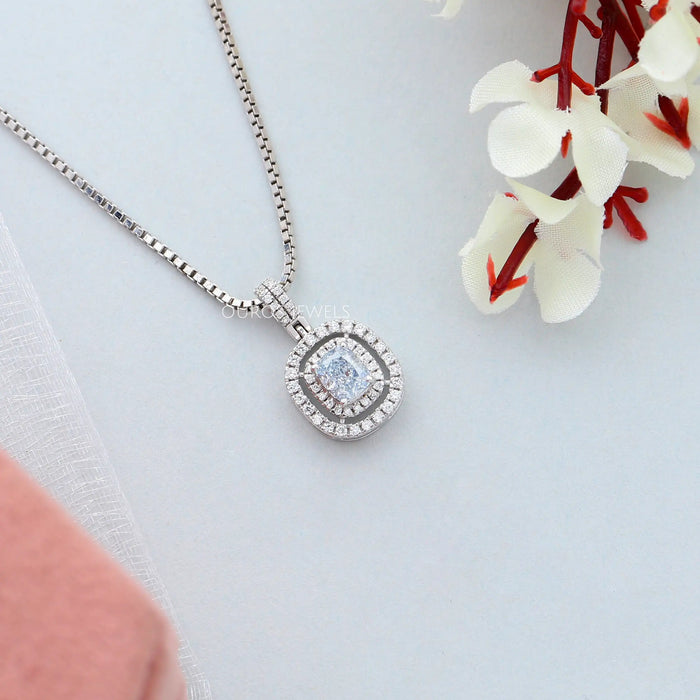 Cushion Cut Icy Blue Halo Diamond Necklace