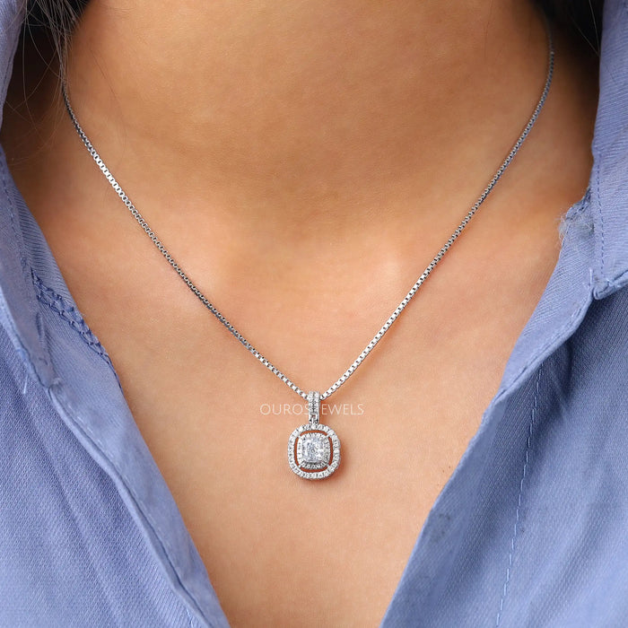 Cushion Cut Icy Blue Halo Diamond Necklace