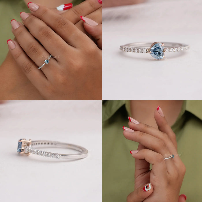 Colored diamond engagement ring showcasing blue heart shape lab diamond with round accent stones crafted in 14k white gold