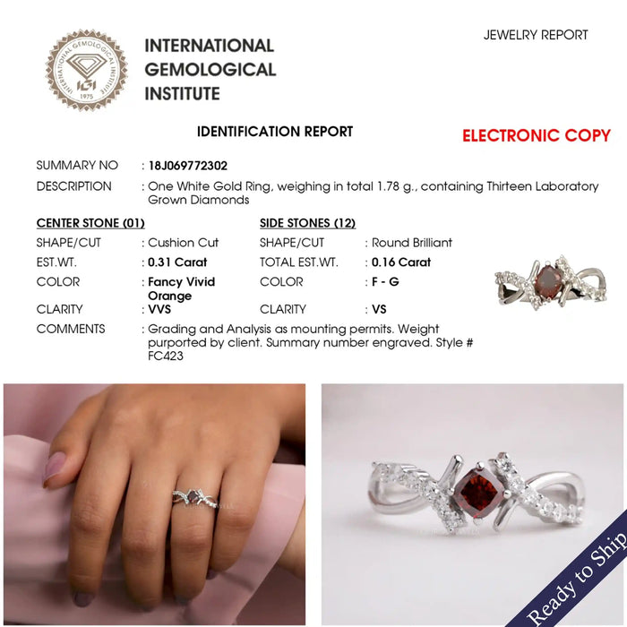 Orange cushion cut diamond engagement ring in infinity design with round accent stone studded on 14k white gold shank