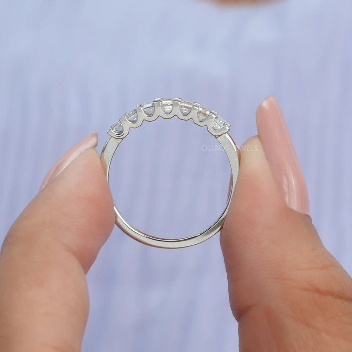 U prong diamond wedding band with emerald cut lab diamonds