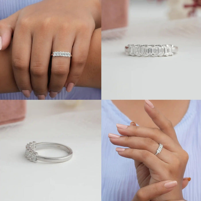 Collage of emerald cut diamond wedding anniversary band