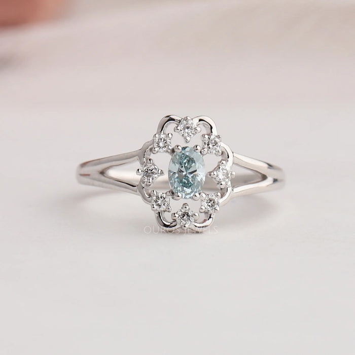 Front view of floral oval shaped diamond engagement ring, this ring is stunning piece of jewelry for any occasion.