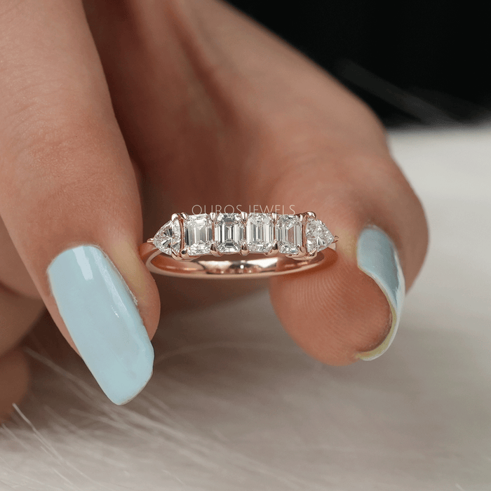 Eternity Band Diamond Ring Made With Emerald Cut And Trillion Cut Lab Made Diamonds