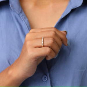 In finger side look of Baguette And Round Diamond Half Eternity Band.