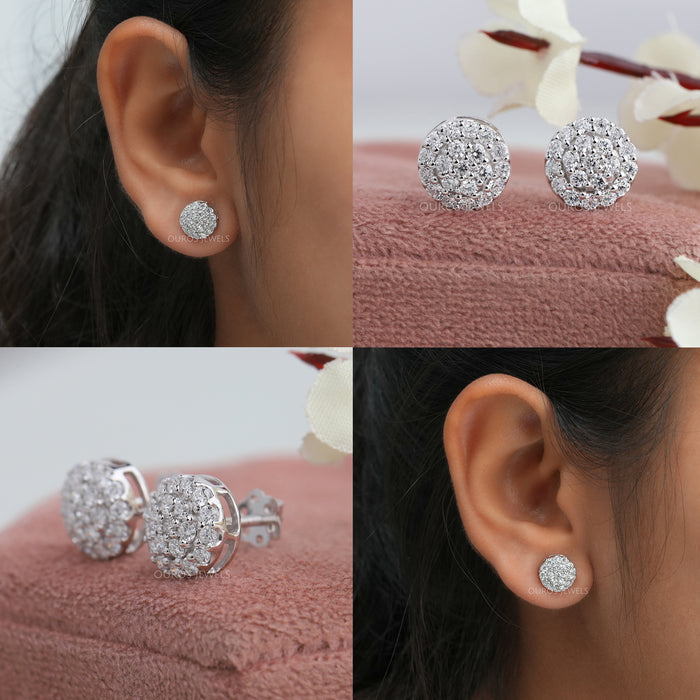 Pavé-Ohrstecker mit runden Diamanten im Halo-Stil