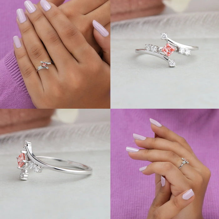 Collage of pink princess diamond ring showing front view, side view and in finger look
