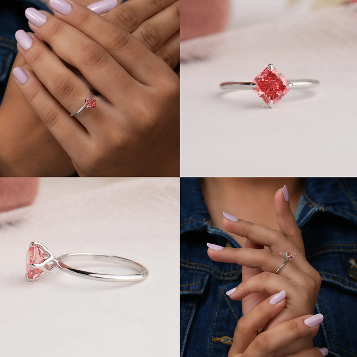 [Multi View Of Pink Cushion Cut Lab Diamond Solitaire Engagement Ring]-[Ouros Jewels]