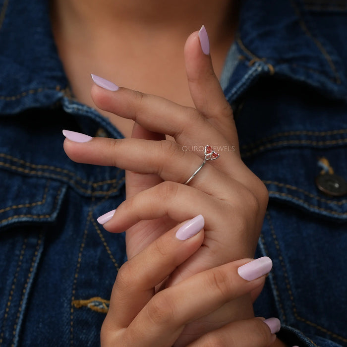 [On Finger Side View Of Pink Lab Diamond Solitaire Engagement Ring]-[Ouros Jewels]
