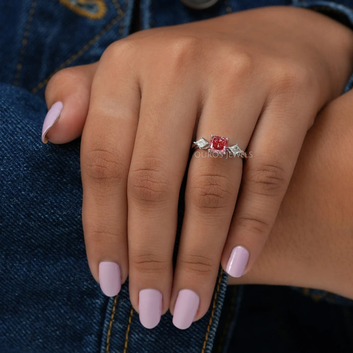 In Finger View Of Cushion Shaped Lab Created Diamond Engagement Ring 