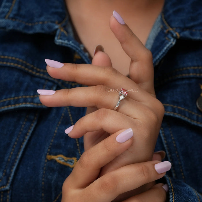 In Finger Side View Of Cushion Pink Diamond Ring In Solid Gold 