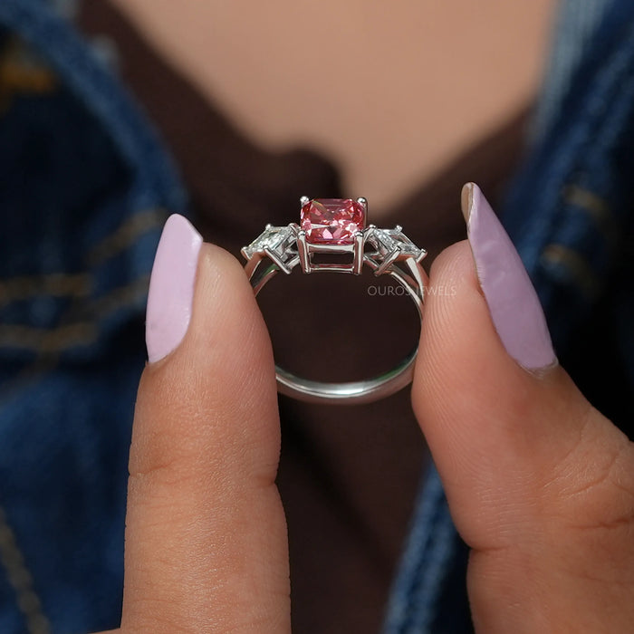 Three Stone Pink Cushion Lab Diamond Ring In Solid Gold