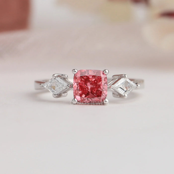 Pink Cushion Cut Lab Diamond Three-Stone Engagement Ring 