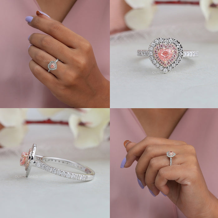 Verlobungsring mit rosa Herz-Diamant und Doppel-Halo-Solitär
