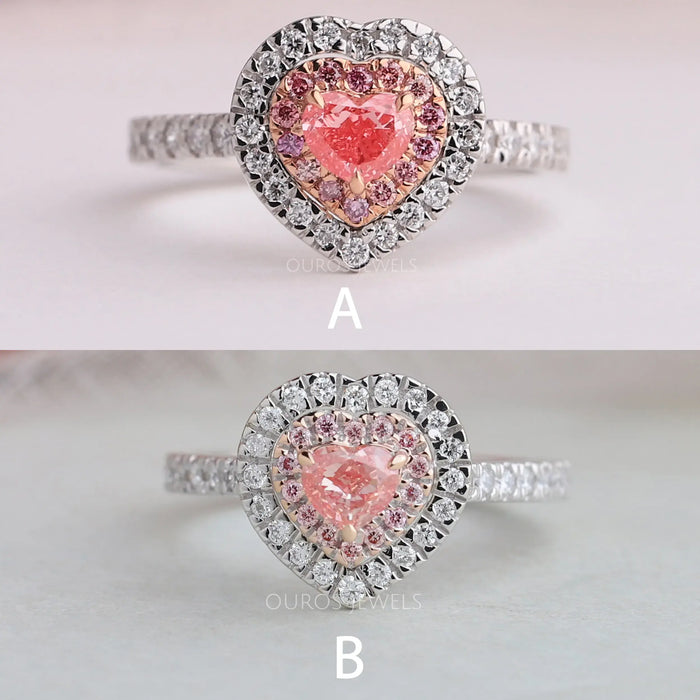 Verlobungsring mit rosa Herz-Diamant und Doppel-Halo-Solitär
