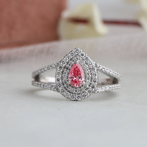 Double Halo Split Shank Engagement Ring