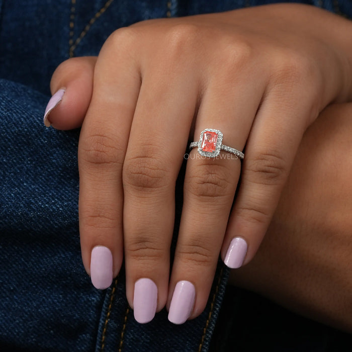 [On Finger Pink Radiant Diamond Halo Engagement Ring]-[Ouros Jewels]