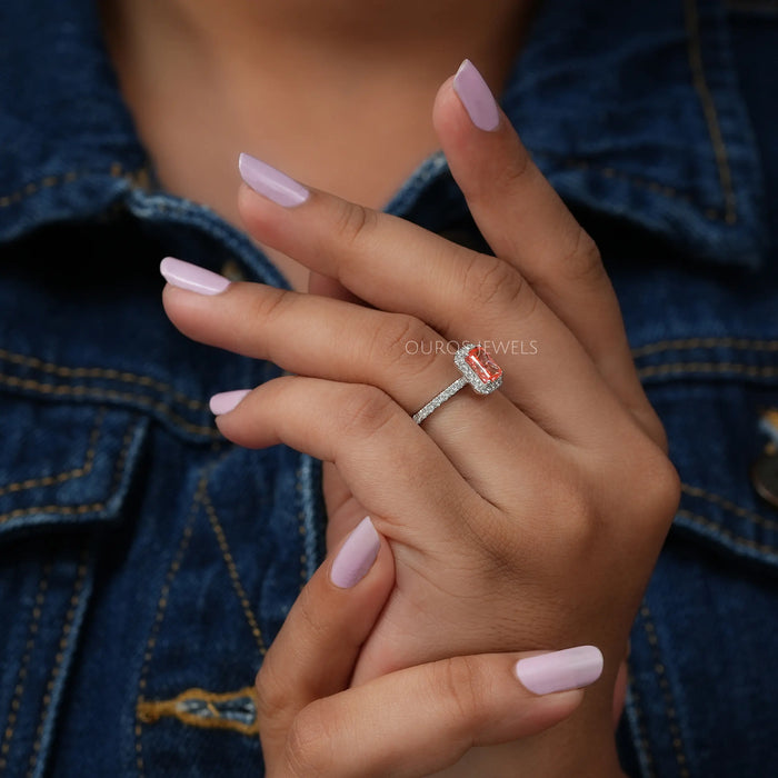 [On Finger Side View Of 1 Carat Fancy Pink Diamond With Round Diamond Halo Engagement Ring]-[Ouros Jewels]