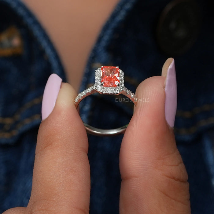 [Pink Lab Diamond Halo Engagement Ring]-[Ouros Jewels]