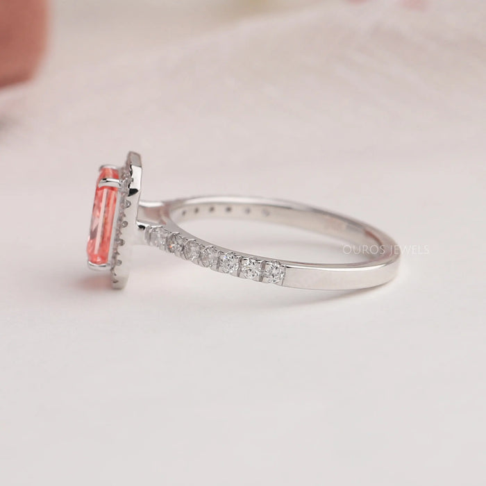 [Left Side View Of Fancy pink Diamond Halo Engagement Ring]-[Ouros Jewels]