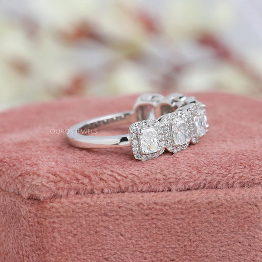 side view radiant cut lab made diamond halo eternity ring white gold