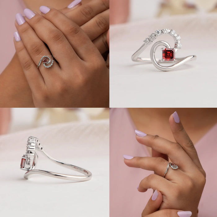 Complete all angles ring view, red asscher diamond tourbillon ring gives classic look.