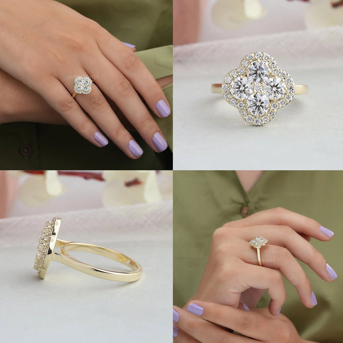 Floraler Verlobungsring mit rundem Diamant-Halo