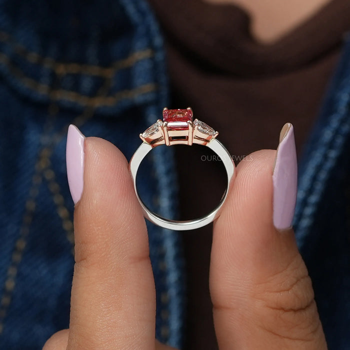 Side View Of Pink Diamond Three Stone Engagement Ring Crafted With 14K Solid White & Rose Gold