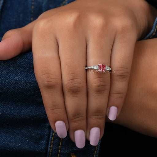 [On Finger Fancy pink Diamond Three Stone With Round Diamond Accent Stone Engagement Ring]-[Ouros Jewels]