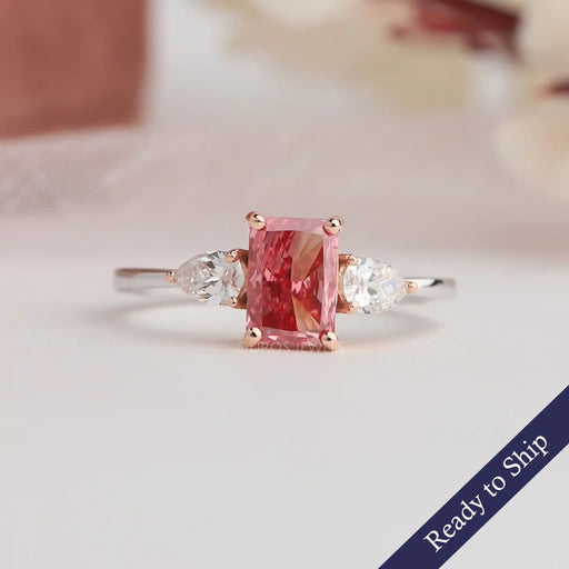 Pink Radiant And Pear Cut Lab Diamond Three STone Engagement Ring