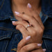 [On Finger Front View Of Excellent Shine Of Pink Lab Diamond Three Stone Engagement Ring]-[Ouros Jewels]