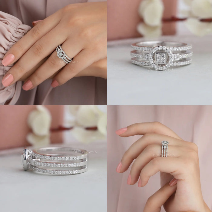 Halo-Ring mit dreifachem Rundschaft und Diamantcluster